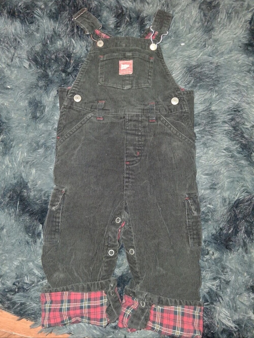 Old Navy Black Corduroy Overalls with Red Plaid Lining